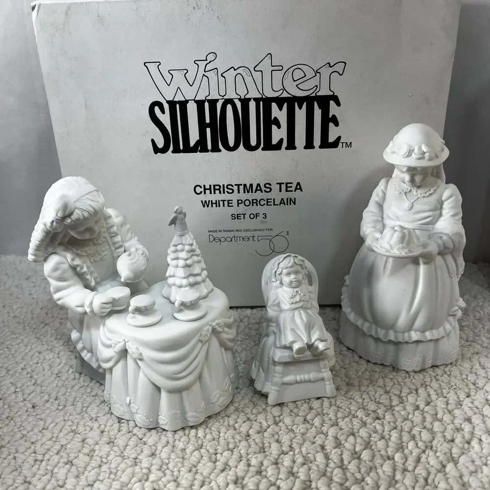 Department 56 Winter Silhouette Christmas Tea White Porcelain Set of 3 Vintage